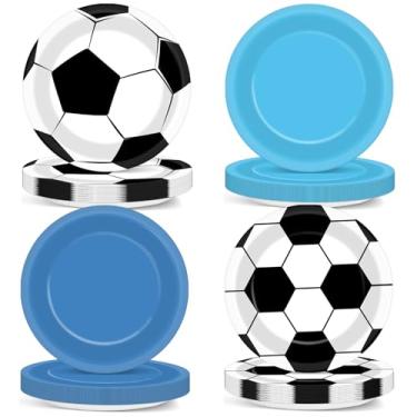 Imagem de 48 peças de pratos de papel de festa de celebração de jogo de futebol 18 cm azul e branco suprimentos de festa de aniversário azul esportes descartáveis sobremesa jantar pratos de bolo utensílios de