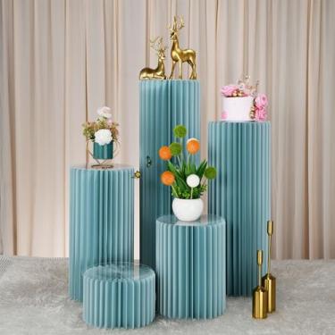 Imagem de Suportes cilíndricos para festa, 5 peças, pedestal redondo, colunas de papelão, mesas cilíndricas para festas, chá de bebê, aniversário, casamento, decoração de exibição (azul, 5 peças)