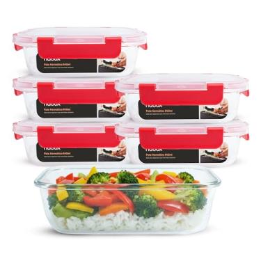 Imagem de 6 Potes Herméticos Vidro Marmitas Fit 640ml Travas Premium (Vermelho)