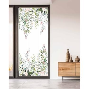 Imagem de Película de privacidade de janela verde folha floral flores de verão decorativo filme de janela de vidro colorido primavera vintage eucalipto adesivo para porta, 89,9 cm x 199,9 cm blackout persianas