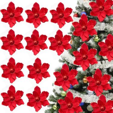 Imagem de Celltestria 10 peças de hastes de magnólia de Natal, flores artificiais vermelhas para decoração de guirlanda de árvore de Natal, flores de magnólia de veludo com glitter para decoração de vaso de