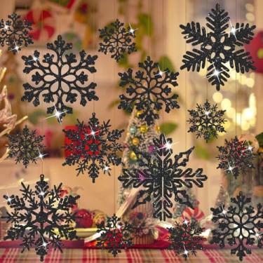 Imagem de JULMELON Enfeites de floco de neve de Natal, 48 peças, decorações de floco de neve com glitter, 4 enfeites decorativos de flocos de neve pretos diferentes para decoração de Natal, artesanato