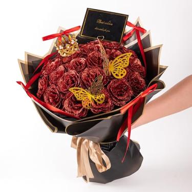 Imagem de Fiestivo Buquê de rosas com glitter, 24 rosas DIY buquê de flores falsas, buquê de rosas artificiais brilhantes eternas, dia dos namorados, aniversário, noivado, casamento, vermelho