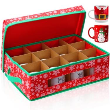 Imagem de Wesnoy Caixa de armazenamento de canecas de Natal com divisórias 40 x 30 x 12,6 x 12,5 cm, canecas de café de Natal, caixa organizadora para 12 canecas, com tampa de 2 alças e janela de PVC