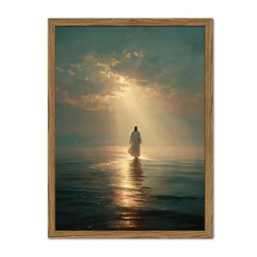Imagem de Arte de parede de Jesus azul andando na água, pinturas de decoração de parede cristãs, pôster de salvador religioso, imagens impressas em tela, arte para sala de oração, quarto, 40,6 x 61 cm, moldura