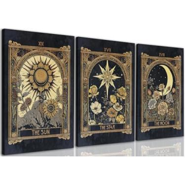 Imagem de FWAHREN Conjunto de 3 arte de parede em tela com cartas de tarô e estrela do sol, lua, vintage, imagens celestiais, pinturas de astrologia mística, decoração de parede Witchy Dark Academia, quarto