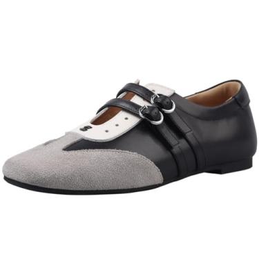 Imagem de U-lite Tênis feminino sem cadarço Mary Jane fechado bico quadrado fivela dupla couro confortável casual multicolorido, Preto, 34