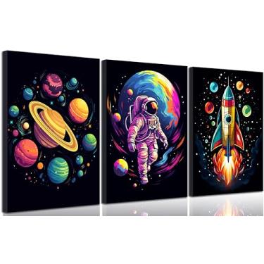 Imagem de Arte de parede em tela de astronauta de berçário 3 peças abstrata colorida galáxia Spaceman quadros decoração de parede planetas cosmos foguete pôsteres impressões arte para quarto de meninos quarto