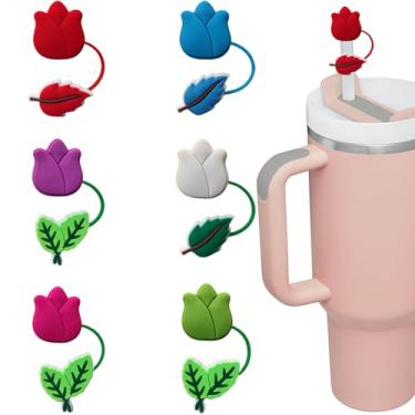 Imagem de 6 peças de topo de palha para copo Stanley Cup 30 e 1,134 g, acessórios de copo Stanley, capa de palha fofa, tampas de pontas de silicone reutilizáveis para canudos de 10 mm, protetor de tampão de