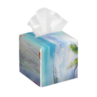 Imagem de Porta-lenços de couro quadrado à prova d'água animal flamingo oceano palma facial organizador de papel com cinto inferior cubo estojo de lenços para mesa banheiro escritório mesa carro decorativo