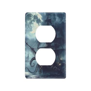 Imagem de Blueangle Placa de parede de tomada dupla para navio pirata, tamanho padrão, placas de cobertura de tomada elétrica de 1 gangue para decoração de quarto de escritório em casa, 4,53 x 2,76 polegadas