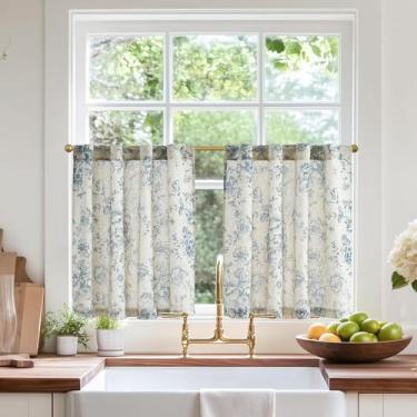 Imagem de Cortinas de lino con estampado floral Jinchan para cocina de 61x24 cm 