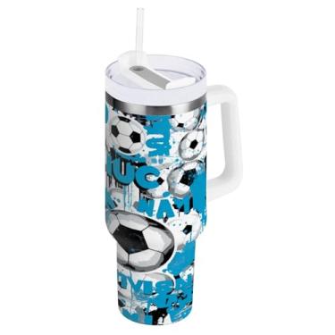 Imagem de Blueangle Copo isolado de 850 g com alça e tampa de canudo - Caneca de viagem de aço inoxidável à prova de vazamento, garrafa de água de futebol azul a vácuo de parede dupla (798)