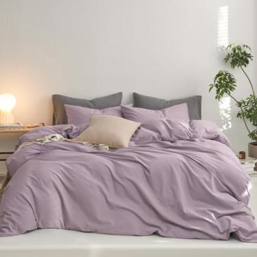 Imagem de MooMee Conjunto de capa de edredom King, 100% algodão lavado, como sarja, material resistente, super macio, respirável, roupa de cama durável para todas as estações, 3 peças (lavanda, King 264 x 228