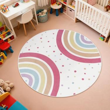 Imagem de STARUIA Tapete redondo arco-íris para quarto de meninas, tapete infantil lavável de 1,2 m para berçário, tapete de área circular antiderrapante tapete de princesa colorido para dormitório de adolescentes barraca de sala de jogos