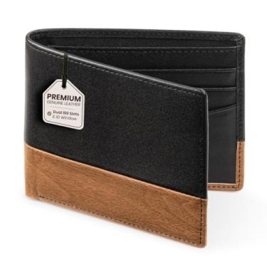 Imagem de Claasico Carteira masculina dobrável para homens – Carteira de couro genuíno RFID, porta-cartão fino com janela para identidade – Caixa de presente incluída, Madeira elegante, small, Dobrável