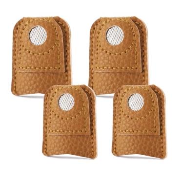 Imagem de Verplexter Dedais de couro para costura à mão, 4 peças de protetores de dedo, artesanato de tricô, ferramentas de costura DIY, 2 tamanhos, marrom