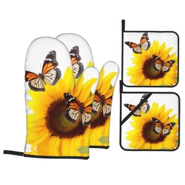 Imagem de Conjunto de luvas de cozinha estampadas de borboletas e girassóis com suportes de tampa, luvas de forno resistentes ao calor para lidar com panelas quentes, grelhar, churrascos, kit de 4 peças.
