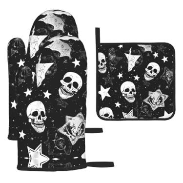 Imagem de Caveira punk branca – Conjunto de cozinha essencial com 3 peças, luvas resistentes ao calor e aderência da tampa, proteção para churrasco no forno, design de armazenamento suspenso.