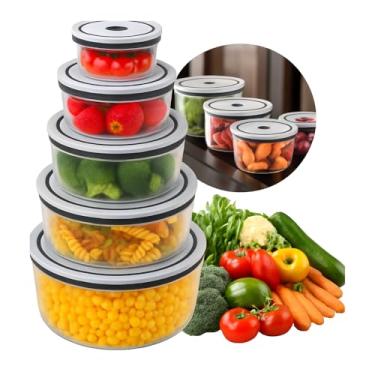 Imagem de Kit 5 Potes Redondos Herméticos para Geladeira – Organizador Transparente com Borracha Isolante – Conserva Frutas, Legumes e Saladas – Plástico Sem BPA – Vedação Premium