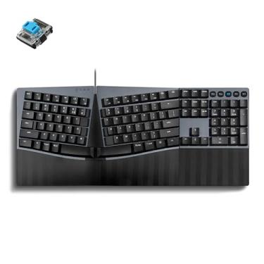 Imagem de Perixx PERIBOARD-535BL [Firmware atualizado] Teclado mecânico ergonômico com fio - tamanho completo - Interruptores de clique azuis de perfil baixo - compatível com Windows e macOS