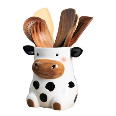Imagem de SOCOSY Suporte de utensílios de cozinha de vaca de desenho de cerâmica para bancada, suporte de espátula, acessórios de cozinha, decoração - vaca A
