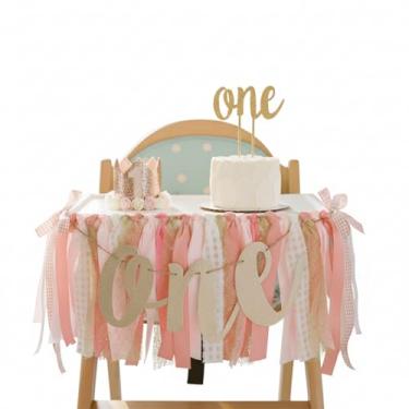 Imagem de PapaKit Conjunto de decoração de cadeira alta de aniversário para bebês Princesa e Príncipe (chapéu marrom, topo de bolo, banda, guirlanda), Little Princess Blush Pink & Gold, 1st Birthday Premium Handmade Set
