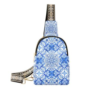 Imagem de CEBUGI Bolsa tiracolo pequena floral azul branca para mulheres pochete transversal de couro para caminhadas, viagens ao ar livre