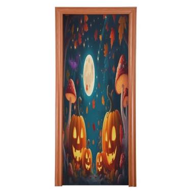 Imagem de Qilmy Decoração de capa de porta 81 x 200 cm tecido grande placa de decoração de festa de Halloween para porta da frente Halloween abóbora varanda decoração externa janela parede 592