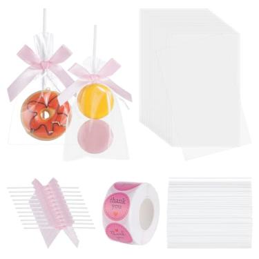 Imagem de UNICRAFTALE 120 conjuntos de sacos transparentes de arroz krispie kit de embalagem de doces de celofane plano com laço e adesivos de agradecimento, sacos individuais rosa para embalagem de bolo de
