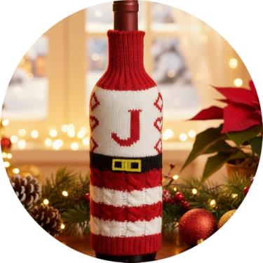 Imagem de Suéter de Natal com tampa de garrafa de vinho, fantasia de Papai Noel, decoração de malha, roupa festiva para garrafa