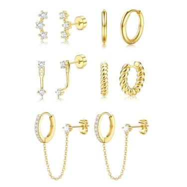 Imagem de ZELORES 5 pares de brincos de argola de cartilagem dourada hipoalergênicos de aço inoxidável com costas planas para mulheres, conjuntos de brincos pequenos e modernos para vários piercings, Small, Aço