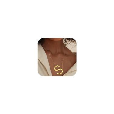 Imagem de DRTORNG Colar com inicial de ouro para mulheres e meninas, banhado a ouro 14 K, delicado, com letras laterais, moderno, monograma, nome, A-Z, pingente, colar, joia de ouro para mulheres, presentes,