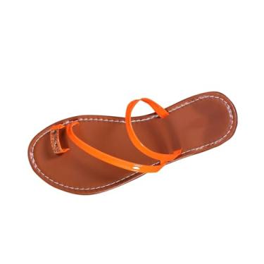 Imagem de Sandálias femininas confortáveis de uso preguiçoso com design de laço no dedo do pé para o verão casual, ideal para uso na praia ao ar livre e interno com sola plana de material PU, Laranja, 34