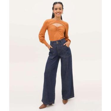 Imagem de Calça Jeans Pantalona Feminina Bolsos Marisa-08077, Jeans azul, 44