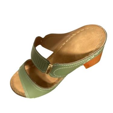 Imagem de Sandálias femininas de salto grosso com design oco e cor sólida para uso casual versátil na primavera, Verde, 35