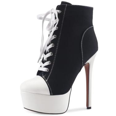 Imagem de Perisis Bota feminina preta plataforma tornozelo salto alto stiletto bota curta cadarço lona sapatos fechados bico redondo com zíper lateral para mulheres sexy primavera outono inverno, Lona preta