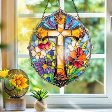 Imagem de Acrílico colorido, apanhadores de sol, decoração de janela pendurada com flores cruzadas, arte de parede de arco-íris, para varanda, interior e exterior, jardim, enfeites de Natal, decoração 19 x 19