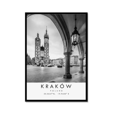Imagem de Pôster de viagem preto e branco impressão paisagem da cidade do mundo pintura em tela Krakow pôster arte de parede decoração de casa (16 x 24 polegadas (40 x 60 cm), moldura de metal)