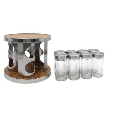 Imagem de PORTA CONDIMENTOS GIRATORIO REDONDO C/8 POTES DE 90ML EM VIDRO, INOX E PLASTICO - CM6