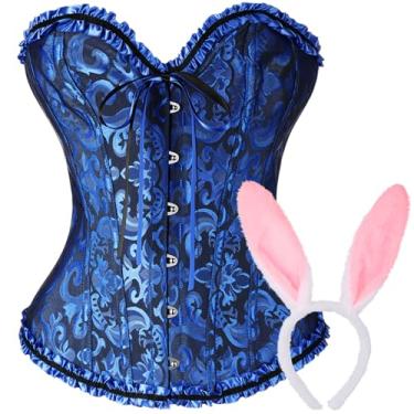 Imagem de Yearntown 2 peças de espartilho e faixa de cabeça de renda push up body para mulheres, fantasia de Halloween, cosplay festa (azul, coelho)