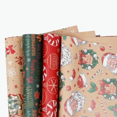 Imagem de Papel de embrulho de Natal, conjunto de 5 peças, papel de embrulho dobrável de Papai Noel de inverno para buquês, decorações de presentes e acessórios - A01