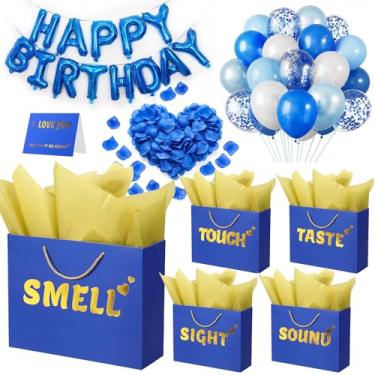 Imagem de Sacos de presente 5 sentidos para ele com etiquetas, kit de decoração de feliz aniversário de papel com faixa, balões, pétalas de rosa, cartão para homens, mulheres, casamento, dia dos namorados 32 cm
