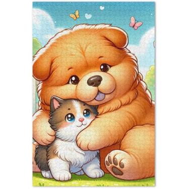 Imagem de Quebra-cabeça de desenho animado Chow Chow Cachorro Adultos 500 peças Engraçado Família Divertido Quebra-cabeças Arte Brinquedo Pintura, 20,5 x 14,9 polegadas