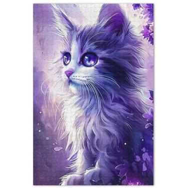 Imagem de Pintura de gato violeta 1000 peças quebra-cabeças adultos família quebra-cabeças amantes presentes grandes pintura artística