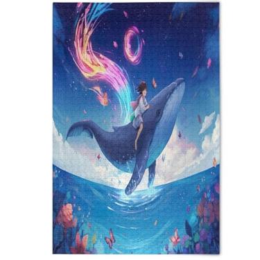 Imagem de Quebra-cabeças florais de baleia azul com desenhos animados, 1000 peças para adultos, arte de paisagem, natureza, jogos engraçados, 1000 peças, 75 x 50 cm