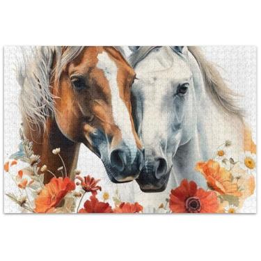 Imagem de Quebra-cabeça com cavalos e flores para adultos, 500 peças, pintura artística, quebra-cabeças exclusivos, divertidos, bobos
