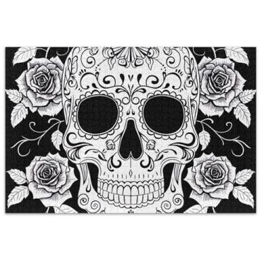 Imagem de Quebra-cabeça de rosas crânio de açúcar preto branco 1000 peças decoração de pintura para adultos quebra-cabeças grandes jogos quebra-cabeças presentes