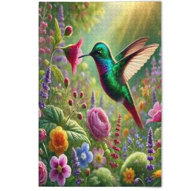 Imagem de Quebra-cabeça de beija-flor vibrante para adultos com flores de jardim, 500 peças, presentes engraçados, cenários de outono, decoração de arte animal, 500 peças, 52 x 37,8 cm