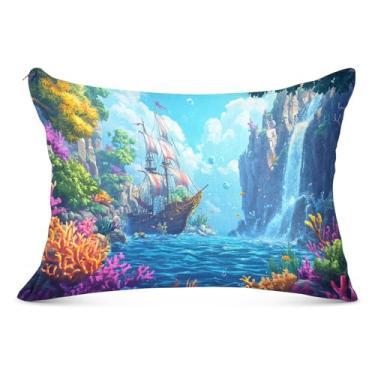 Imagem de Fronha de travesseiro com estampa de navio pirata escondida Cove King 50,8 x 101,6 cm, capa de travesseiro corporal adequada para a pele, fronhas com zíper para outono e inverno